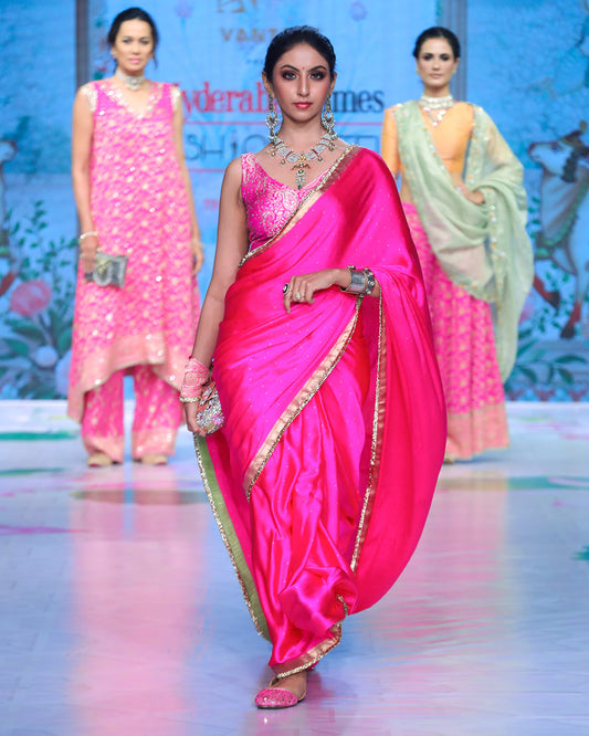 Hot Pink Satin Crape saree
