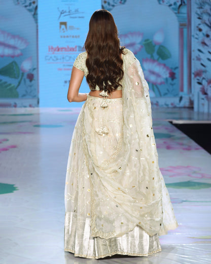Milky white Organza Zardozi Lehenga with Kanjivaram Border