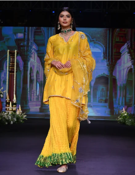Raw Silk Kurta & Kota Sharara Set with Organza Dupatta