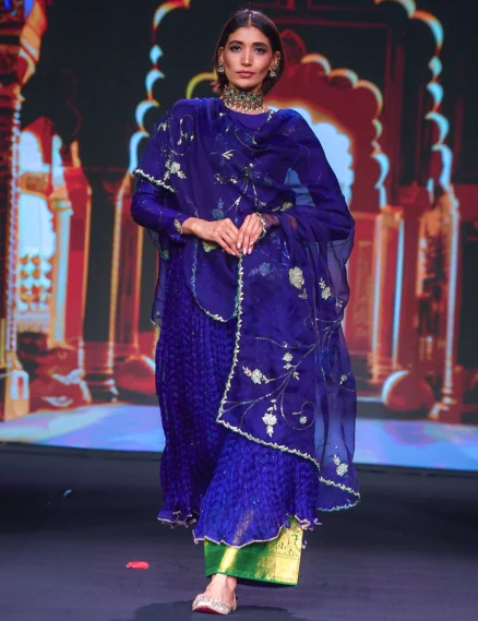 Muga Silk Mukaish Set with Kota & Organza Dupatta